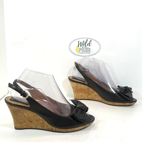 Clarks Bow Peep Toe Cork Wedge platform Heel Sandal- Black Leather -Women 7.5 - Picture 4 of 8